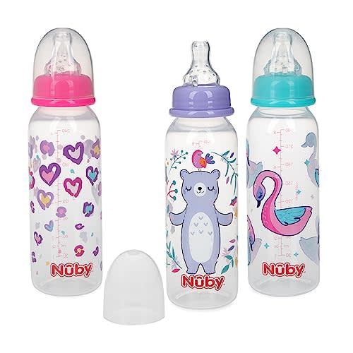 Nuby Printed Non-Drip 8oz Bottle, 3 Pack - Pink, Purple, Aqua