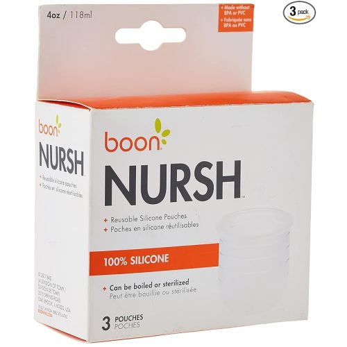 Boon Nursh Reusable Replacement Pouch with Collapsible Silicone Pouch Design - Everyday Baby Essentials - Stage 1 Slow Flow Bottles - Gray - 4 Oz