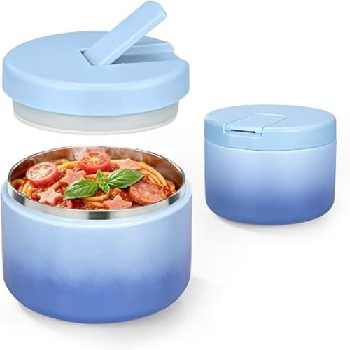 Pawtong 12oz Insulated Vacuum Food Jar with Buckle Lid Wide Mouth Soup Thermo for Hot Food Kids Leakproof Stainless Steel Lunch Container (Gradient Blue, 12OZ)