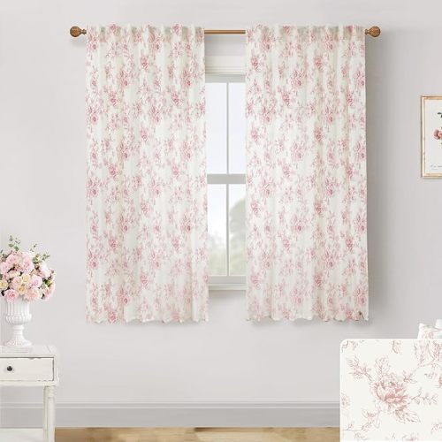 Print Curtains for Girls Bedroom,Pretty Pink Sheer Floral Preppy Fancy Coquette Curtains for Teen Girls Room Decor 2 Panel Set