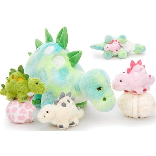 Glow in the Dark Dinosaur Stuffed Animal Set,Cute Stegosaurus | 18.5 Inch Mommy Stegosaurus Plush with 3 Babies and 2 Eggs,Dino Plush Toys for Kids Girls Boys,Christmas Easter Birthday Gift