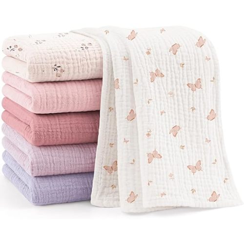 Bearmoss 6 Pack Muslin Burp Cloths for Baby, 100% Cotton Soft Large Burping Cloths for Unisex, Boy, Girl, 23.6" X 23.6" Newborn Essentials Absorbent Milk Spit Up Rags (Pink Purple)