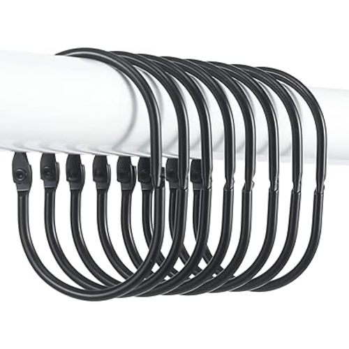 Goowin Shower Curtain Rings, 12 Pcs Shower Curtain Hooks, Oval Snap Shower Rings for Curtain, Metal Black Shower Curtain Rings Rust Proof, Glide Smoothly Shower Hooks for Shower Curtain Rod (Black)