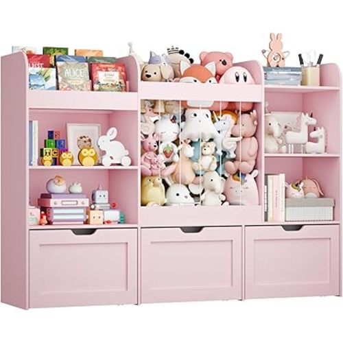61" Kids Bookshelf and Toy Storage, Large Stuffed Animal Storage, 3 Tier Montessori Bookcase with Movable Boxes Drawer, Toy Organizer with 4 Compartments for Playroom, Living Room, Pink