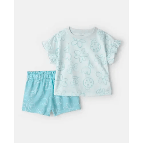 Toddler Girl Floral Ladybug Short-Sleeve Loose Fit 2-Piece Pajama Set - Blue | Carter's