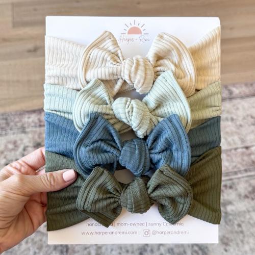 Ribbed Basics Baby Bow Bundle | Blue + Green Solids