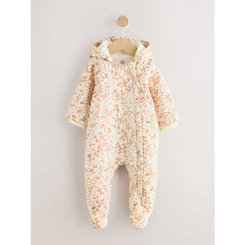 Ecru Floral Printed Baby Hooded Crinkle Woven Pramsuit (0mths-2yrs)