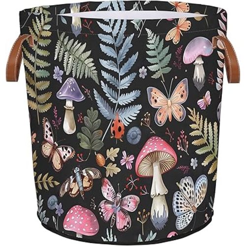 Mushroom Laundry Hamper Butterfly Fern Leaves Waterproof Collapsible Basket With Handles Oxford Cloth Dirty Clothes Tote for Bathroom, Bedroom, Living Room