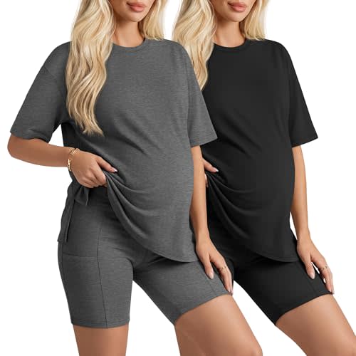 Huukeay 2 Pack Women Maternity Set Pregnancy Outfits | Casula Maternity Shorts Sets, Summer Pajama 2 Piece Outfits, Lounge Side Slit Top, Adjustable Waistband Pockets Biker Shorts
