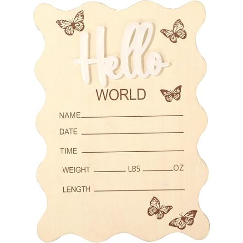 Baby Announcement Sign, 6.5in Wooden Newborn Announcement Board Hello World Baby Birth Stats Sign Welcome Boy Girl Birth and Shower Decor for Nursery (Style 1)