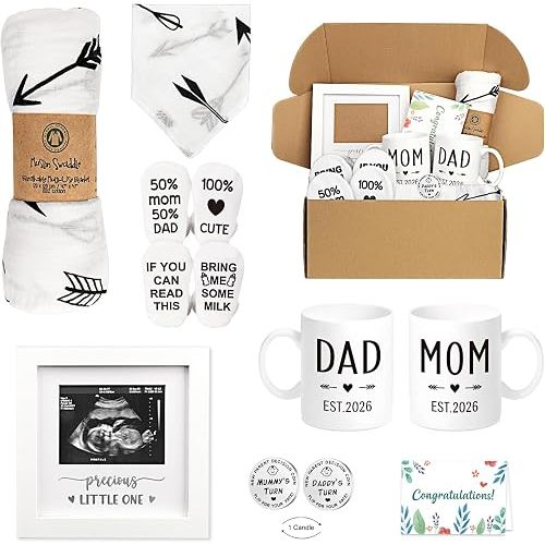 Pregnancy Gifts for New Parents Est 2026- New Mom Gifts Basket for Pregnancy Announcement, Baby Shower - Mom & Dad Mugs, Decision Coin, Ultrasound Frame, Swaddle Blanket, Bib, Socks