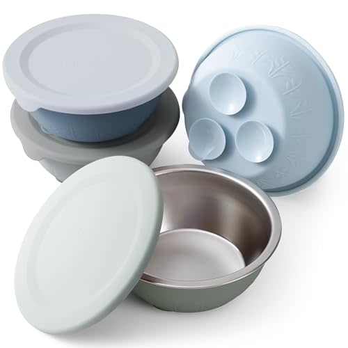 Moonkie Baby Suction Bowls for Self-Feeding: 3 Strong Suction Bases Prevent Spills - Seamless One-Piece Design for Easy Cleanup - Stainless Steel & Silicone Toddler Bowls with Lids - 13 oz 4 Pack