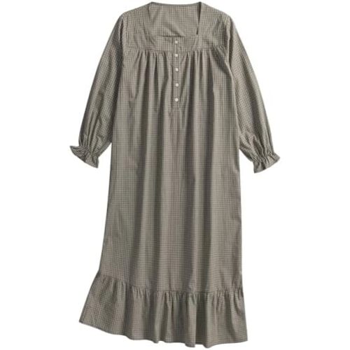 Women's Plaid Cotton Nightgown Long Sleeve Full Length Night Gown