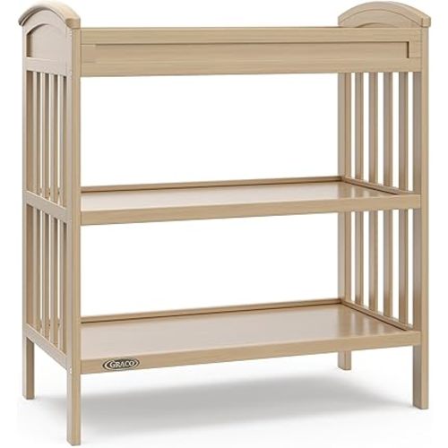 Graco Benton Changing Table with Bonus Water-Resistant Changing Pad (Driftwood) - GREENGUARD Gold Certified, Includes Diaper Change Pad with Safety Strap, 2 Open Storage Shelves for Organizing