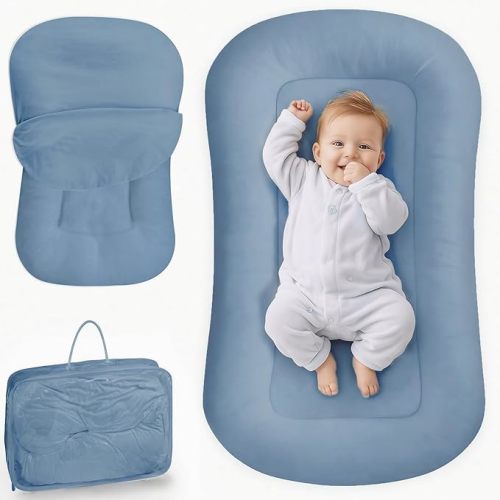 Infant Support Cushion - Baby Lounger for Newborn, 0-24 Months, Breathable Cotton Fabric Infant Support Cushion, Portable Newborn Essentials for Home and Travel, GrayishBlue (Cover Included)