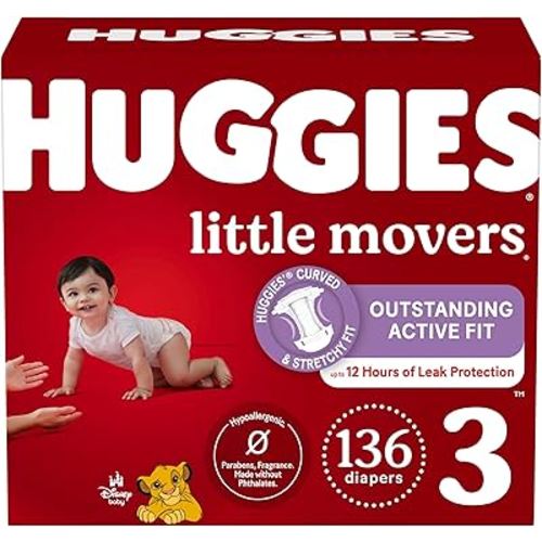 Huggies Size 3 Diapers, Little Movers Baby Diapers, Size 3 (16-28 lbs), 136 Count, Packaging May Vary
