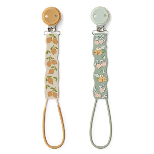 Moonkie Flat Silicone Pacifier Clips (2-Pack) – One-Piece Strap Holders, Binky Clips for Baby Boys & Girls, Gift-Ready Baby Essentials (Fruit Garden)