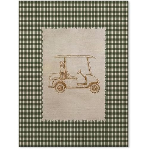 Haitunone Vintage Golf Cart Wall Art Rustic Green Gingham Poster Retro Unique Golf Sports Canvas Prints for Farmhouse Nursery Room Wall Decor 12x16 inch Unframed