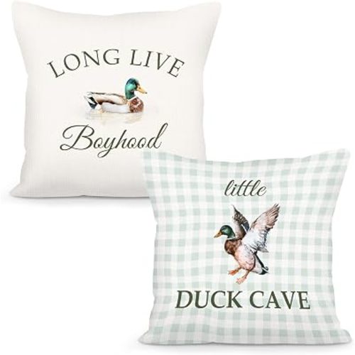 Mallard Duck Nursery Throw Pillow Covers 18x18 Set of 2, Duck Hunting Long Live Bboyhood Decor Decorative Pillow Cover Cases, Farmhouse Decor Cushion Cover Pillowcases for Couch Boys Bedroom