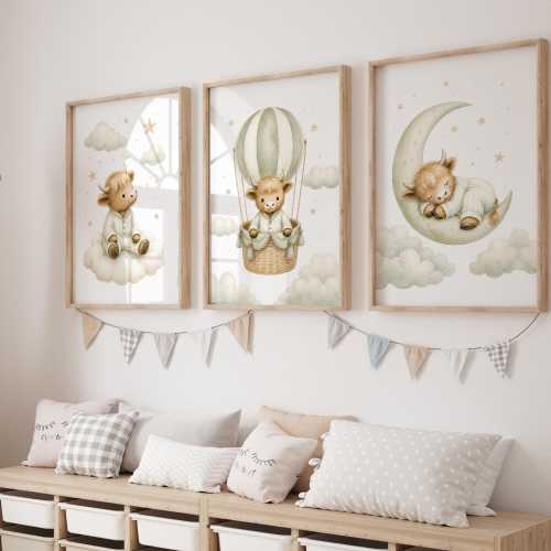 Highland Cow Nursery Decor Set of 3 Prints, Baby Animal Nursery Wall Art, Neutral Farmhouse Nursery, Pink Blue Beige Sage Green, Unframed