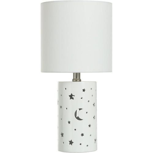 17" Ceramic Nightstand Lamp with Cutout Stars & Moon, White Bedside Table Lamp with Fabric Shade and Built-in Nightlight for Kids Room, Bedroom, or Nursery