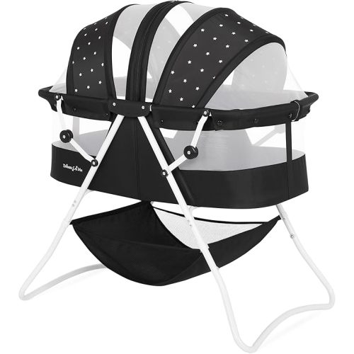 Dream On Me Karley Portable Newborn Bassinet with Double Mesh Canopy, Foldable Travel Bassinet with Storage Basket, Lightweight, Indoor Outdoor Use, Black/White