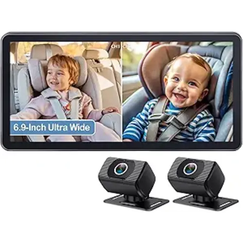 2-Kids Baby Car Camera for Seat: 6.9 Inch Ultrawide Display with Two Cameras Rear Facing - USB Powered Backseat Camera HD 1080P Easy to Install