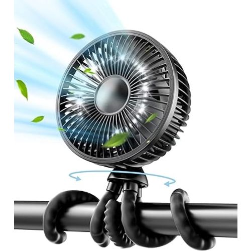 Portable Stroller Fan, Great size Clip on Fan, Detachable 3 Speed Rechargeable 360° Rotate Flexible Tripod Handheld Desk Cooling Fan for Car Seat Crib Treadmill Travel(Black)