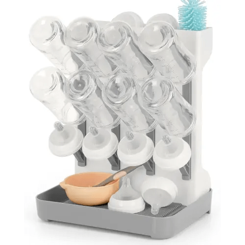 Baby Bottle Drying Rack, Space Saving Baby Bottle Organizer for Countertop, Vertical Bottle Dryer Holder with Brushes Holder, Large Bottle Storage Holder 12 Bottles & Baby Accessories Grey