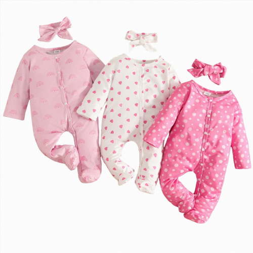 CAICJ98 Baby Girl Footies Rompers Cotton Long Sleeve 3 Pack Infant Jumpsuits Fall Winter Outfits (Pink,0-3 Months)