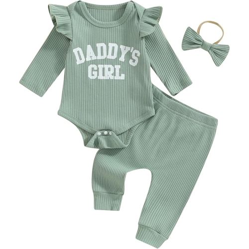 Tsnbre Newborn Baby Girl Outfits Daddys Girls Ruffle Long Sleeve Romper Top Pants Headband Infant Fall Winter Clothes