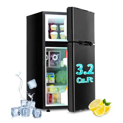 3.2 Cu.Ft Mini Fridge with Freezer, Double Door Small Refrigerator, Dorm Fridge with 3 Adjustable Thermostat, Energy Saving, Low Noise, Compact Refrigerator for Office, Bedroom, Dorm, Black
