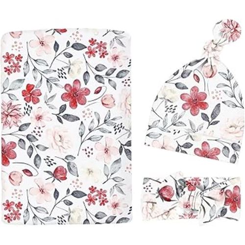 Newborn Swaddle Set with Matching Headband Hat and Bow Set Floral Baby Girl Newborn Receiving Blankets Baby Swaddle Nursery Wildflower Baby Blanket