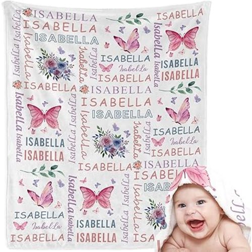 EVER2000 Personalized Baby Blanket for Girls, Custom Floral Baby Blanket with Name, Soft & Fuzzy Newborn Receiving Blankets for Toddler, Customized Baby Gifts for Birthday Baby Shower
