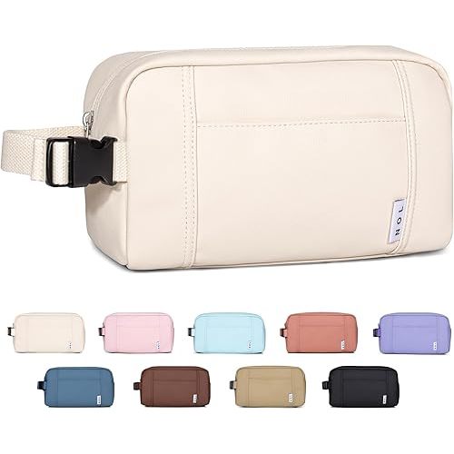 NOL Natural Organic Lifestyle Nylon Waterproof Makeup Bag Lightweight Travel Toiletry Bag for Adults, Reusable, Zip Closure with Buckle Handle, Snack Bag, Travel Cosmetic Bag, Cream
