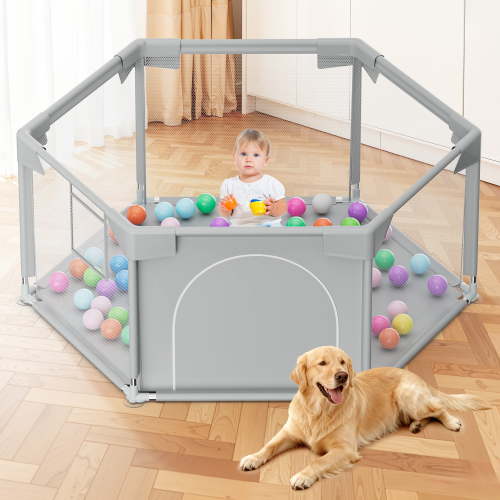 babyeap 50 Inch Baby Playpen,Fence Baby Play Yard for Indoors Outdoors,Hexagonal Toddler Playpen,Light Gray