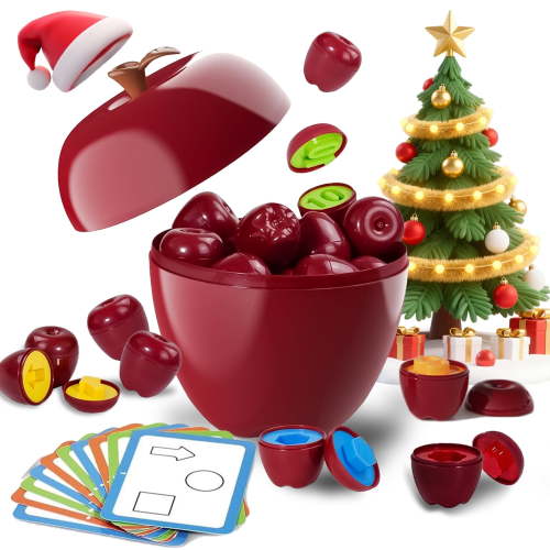 Sunforu Learning Toy for Kid, 24PCS Apple Shape Sorting & Matching Toys with Storage Basket, Color & Shape Games for Child, Best Gift for Kid