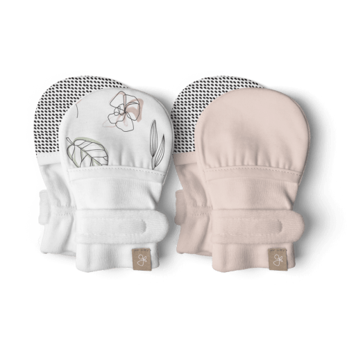STAY ON 2-PACK MITTS | ABSTRACT FLORAL + ROSE — Bamboo Organic Cotton Blend, 0–6M