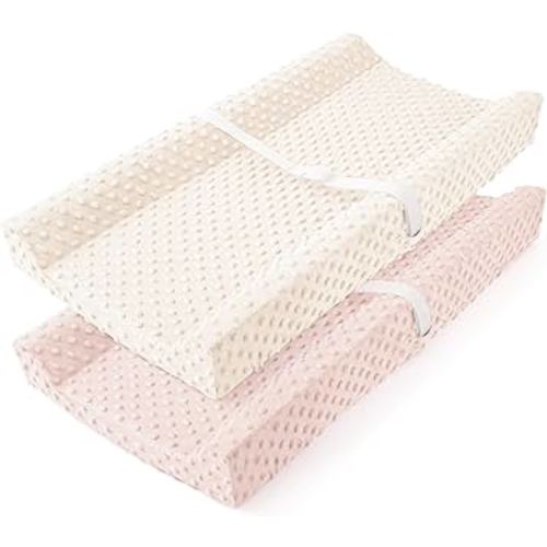 Susurration Baby Changing Pad Cover Super Soft Minky Dots Plush Changing Table Covers 33x17x7in Breathable Changing Pad Sheets 2 Pack for Girls and Boys (Beige&Pink)