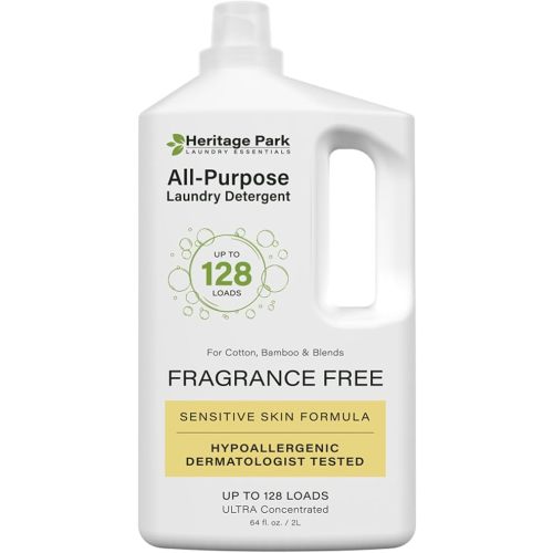 Heritage Park Luxury Laundry Detergent | Dermatologist Tested Plant based Natural & Enzyme Laundry Detergent | Sensitive Skin Friendly - Fragrance Free (64 fl oz)
