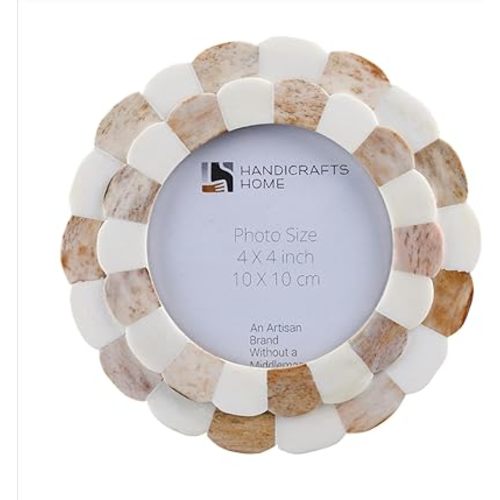 Handicrafts Home Scalloped Bone Inlay Picture Frame 4x4 – Handmade Round Decorative Photo Frame, Brown & White Boho Desk & Shelf Decor, Vintage Style Small Frame for Nursery, Home Styling & Gift