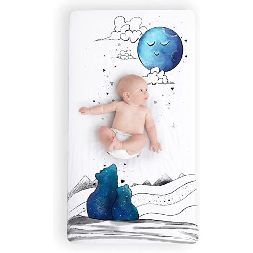 JumpOff Jo - Fitted Crib Sheet, Super Soft 100% Cotton Sheet for Standard Crib Mattresses and Toddler Beds, 28 in. x 52 in, Storytelling Designs - Mama Bear Blue