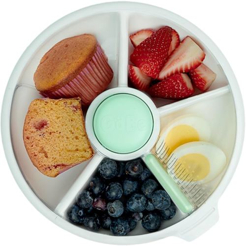 GoBe Kids Large Snack Spinner Slide Bundle with Hand Strap and Sticker Sheet - Reusable Snack Container with 4 Compartment Dispenser and Lid | BPA/PVC Free | Dishwasher Safe | No Spill - Mint Green