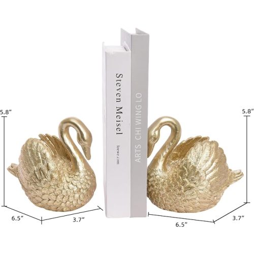 Swan Decorative Bookends,Resin Book Ends for Shelves,Unique Gold Book Holders,Heavy Duty Swan Decor for Home Office Desk Bookshelf,Set of 2,Gifts for Anniversary