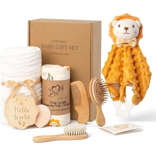 Newborn Baby Gift Set, Wooden Grooming Kit & Muslin Swaddle Blanket