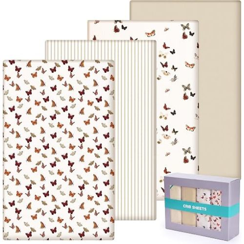 4 Pack Butterfly Baby Crib Sheets - 52" x 28" Fitted Sheet Neutral Fits for Standard Toddler Mattress Baby Bed Microfiber Gift Set Soft Breathable for Boys Girls