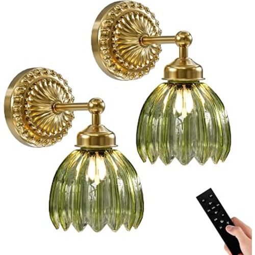 Battery Operated Wall Sconce, Vintage Wall Light, 2 Pack, Green Tulip Glass