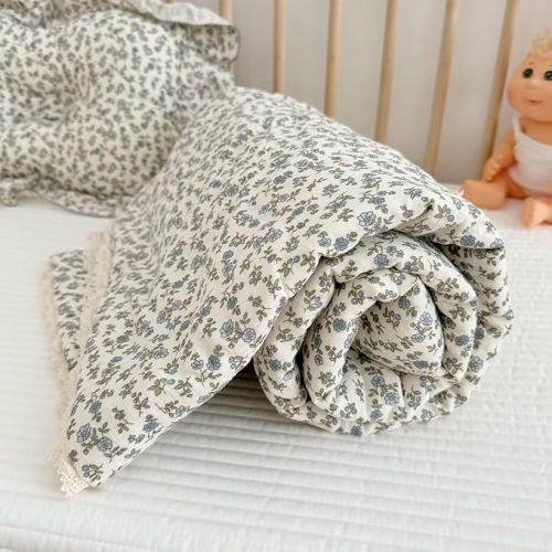 Cotton Muslin Toddler Blanket Blue Floral Print Kids Quilts for Crib Cot Soft Lightweight Boys Girls Comforter for All Seasons, Machine Washable, 47x59 Inches
