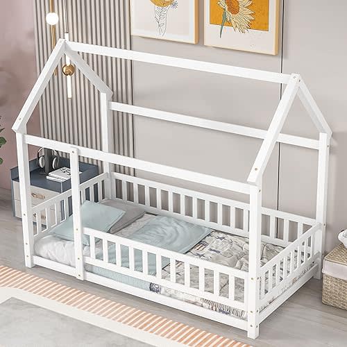 LLS Twin Montessori Floor Bed, Wooden Floor Bed Frame with Slats and Fence, House Bed for Boys Girls Bedroom, White