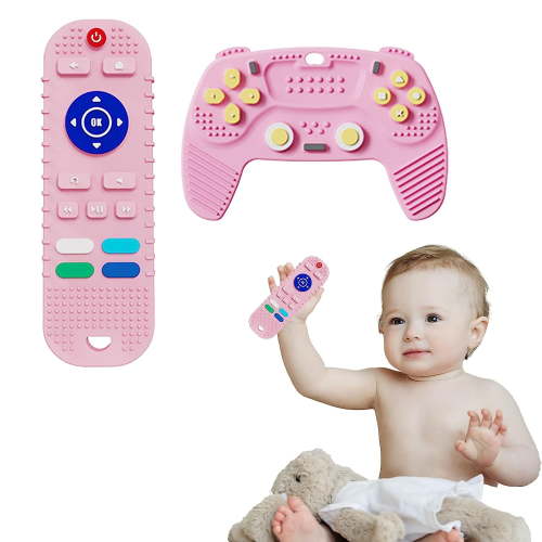 2-Pack Baby Teether Toys Silicone Toddler, Educational Sensory Toy Chew Toys, TV Remote Control Shape Teething Toys for Babies 6-18 Months (Pink)